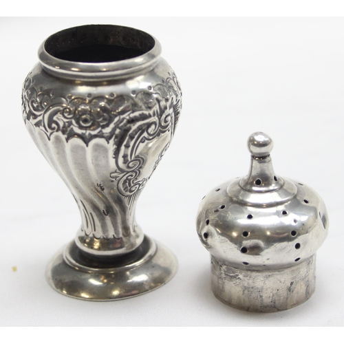 1054 - An antique embossed silver pepper pot, partial hallmarks to lid but XRF confirmed, c.1900, approx 51... 