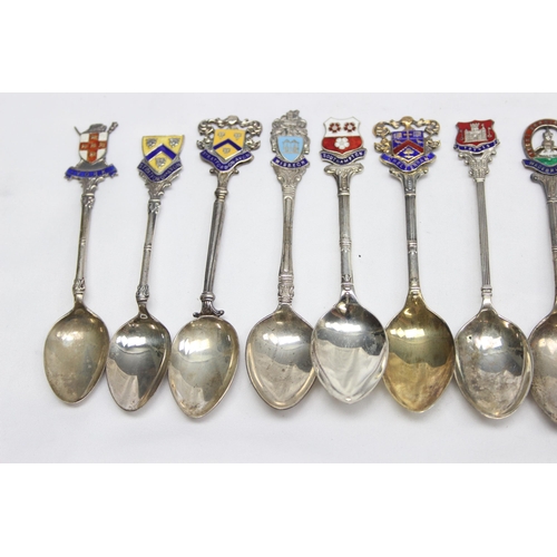 1075 - 10 assorted vintage silver and enamel collectors tea spoons, all with full English hallmarks, approx... 