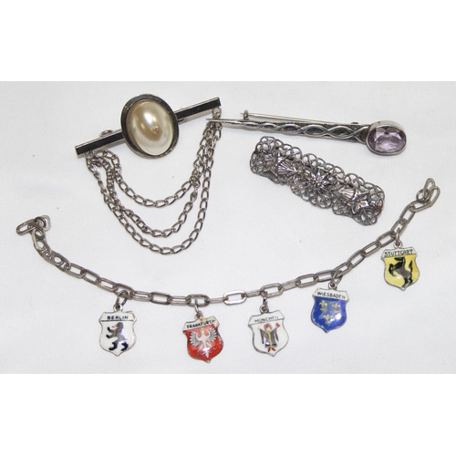 1107 - A vintage 800 silver and enamel charm bracelet, a Scottish silver and amethyst Celtic kilt pin and 2... 