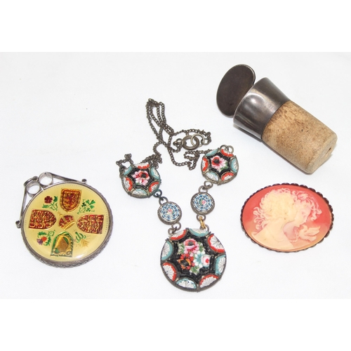 1108 - Qty of assorted mixed jewellery to inc micro mosaic necklace, silver mounted but unmarked wine bottl... 