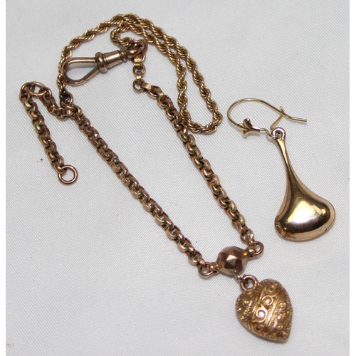 1119 - A small 9ct gold bracelet with heart shaped pendant & a 9ct gold earring, both pieces XRF confirmed,... 