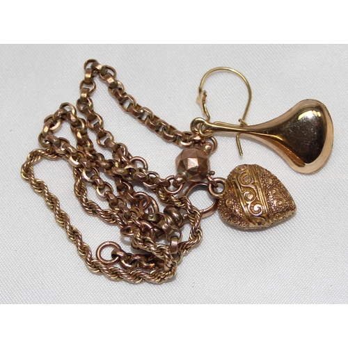 1119 - A small 9ct gold bracelet with heart shaped pendant & a 9ct gold earring, both pieces XRF confirmed,... 