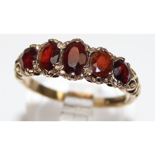 1120 - 9ct gold and 5 stone garnet ring, marked and XRF confirmed, approx size Q, approx 2.92g gross