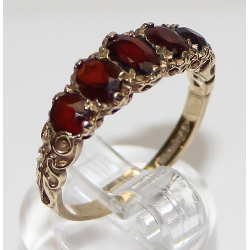 1120 - 9ct gold and 5 stone garnet ring, marked and XRF confirmed, approx size Q, approx 2.92g gross