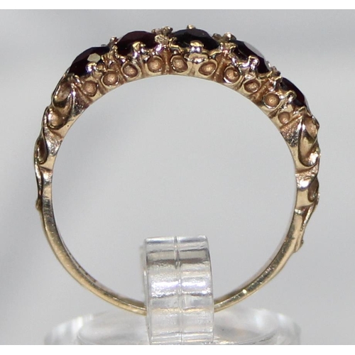 1120 - 9ct gold and 5 stone garnet ring, marked and XRF confirmed, approx size Q, approx 2.92g gross