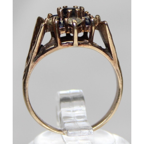 1122 - A retro 9ct gold sapphire and white stone cluster ring, marked and XRF confirmed, approx size M, app... 