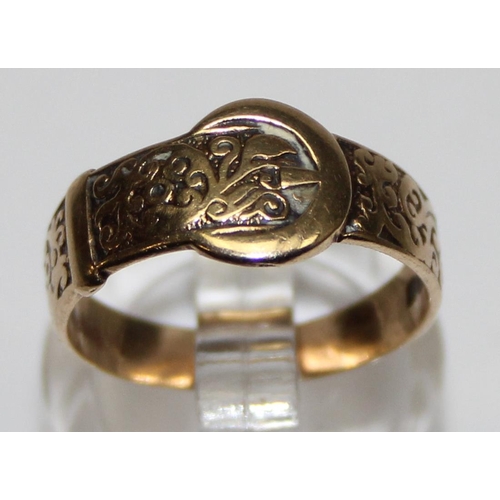 1123 - Antique style 9ct gold engraved buckle ring, marked and XRF confirmed, approx size N, approx 2.32g g... 