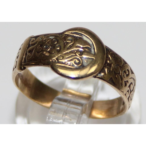 1123 - Antique style 9ct gold engraved buckle ring, marked and XRF confirmed, approx size N, approx 2.32g g... 