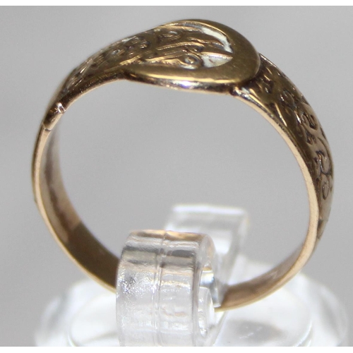 1123 - Antique style 9ct gold engraved buckle ring, marked and XRF confirmed, approx size N, approx 2.32g g... 