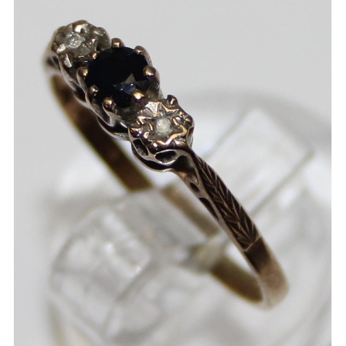 1127 - 9ct gold sapphire and diamond ring, marked and XRF confirmed, approx size N, approx 1.29g gross