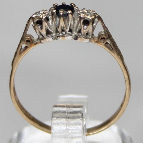 1127 - 9ct gold sapphire and diamond ring, marked and XRF confirmed, approx size N, approx 1.29g gross