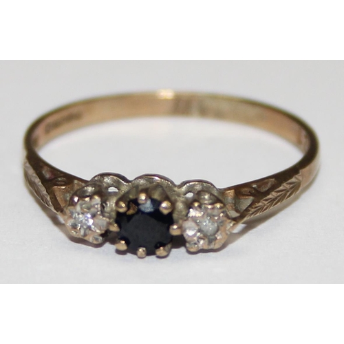 1127 - 9ct gold sapphire and diamond ring, marked and XRF confirmed, approx size N, approx 1.29g gross