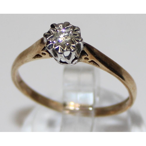 1128 - 9ct gold illusion set solitaire diamond ring, marked and XRF confirmed, approx size N, approx 1.53g ... 