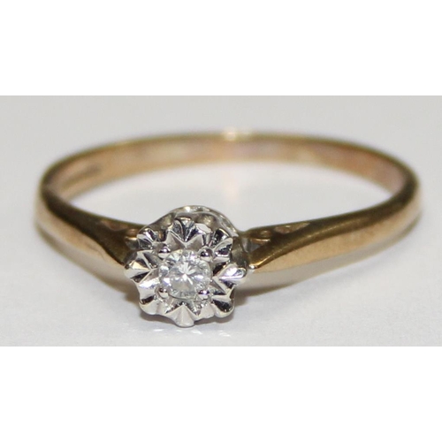 1128 - 9ct gold illusion set solitaire diamond ring, marked and XRF confirmed, approx size N, approx 1.53g ... 