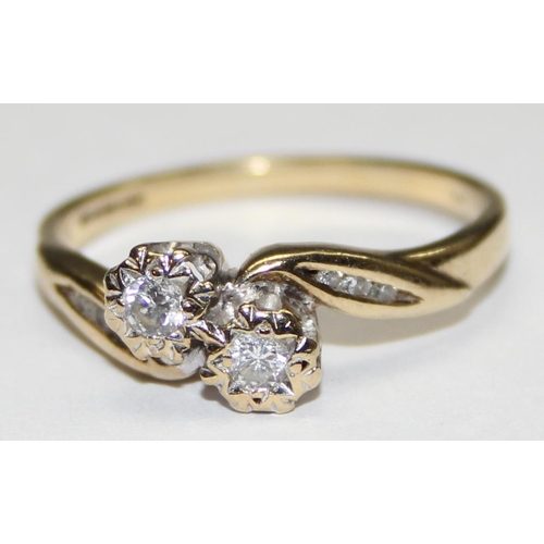 1130 - 9ct gold diamonds crossover ring, marked and XRF confirmed, approx size P, approx 2.55g gross