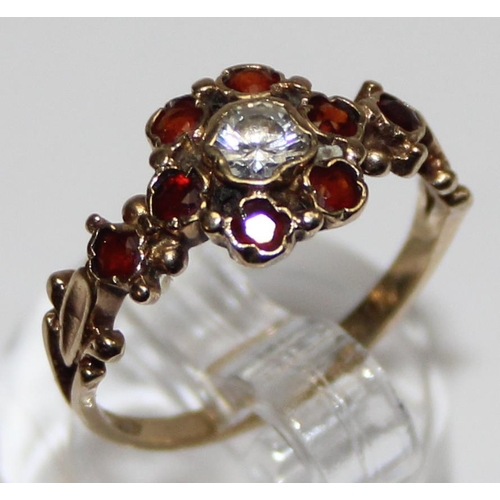 1131 - 9ct gold Georgian style floral set red and white stone ring, marked and XRF confirmed, approx size M... 