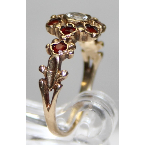 1131 - 9ct gold Georgian style floral set red and white stone ring, marked and XRF confirmed, approx size M... 