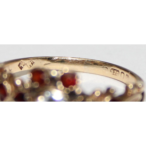 1131 - 9ct gold Georgian style floral set red and white stone ring, marked and XRF confirmed, approx size M... 