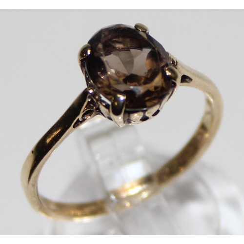 1132 - 9ct gold solitaire smokey quartz ring, marked and XRF confirmed, approx size O, approx 1.93g gross