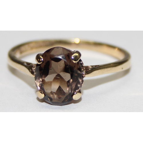 1132 - 9ct gold solitaire smokey quartz ring, marked and XRF confirmed, approx size O, approx 1.93g gross