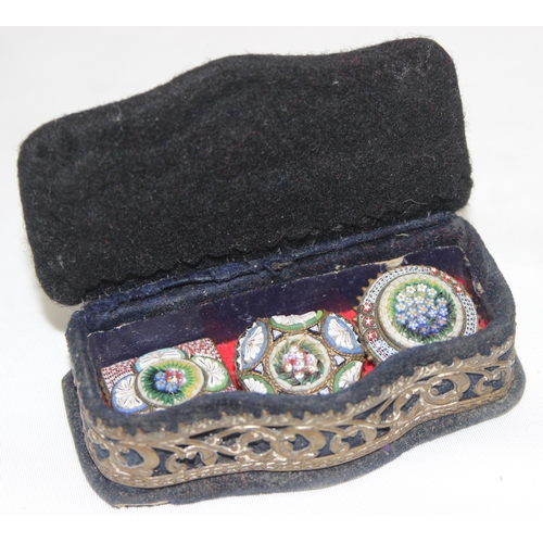 1142 - 3 vintage Italian micro-mosaic brooches, a vintage trinket box with hat pin top, a gold plated brooc... 