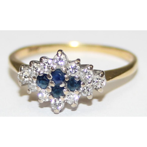 1155 - An 18ct gold diamond and sapphire cluster ring, indistinctly marked but XRF tested, approx size N, a... 