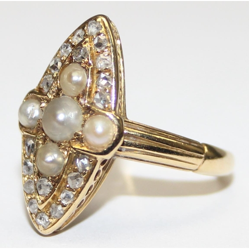 1156 - An unusual antique seed pearl and diamond set marquise shaped ring, unmarked but XRF tests approx 15... 