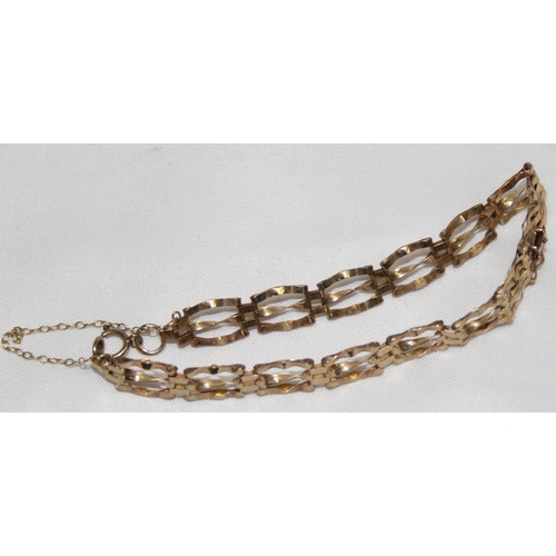 1159 - 9ct gold gate bracelet set with a cut gemstone, possibly a Topaz, marked 375 and XRF confirmed, appr... 