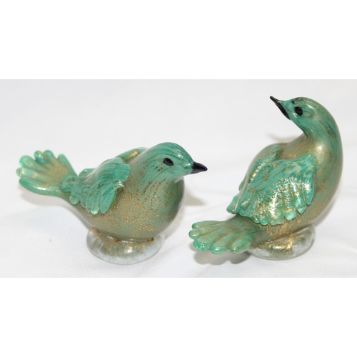 1636 - Murano/ Italian Glass, - a pair of vintage green and gold glass models of doves, likely Murano but u... 