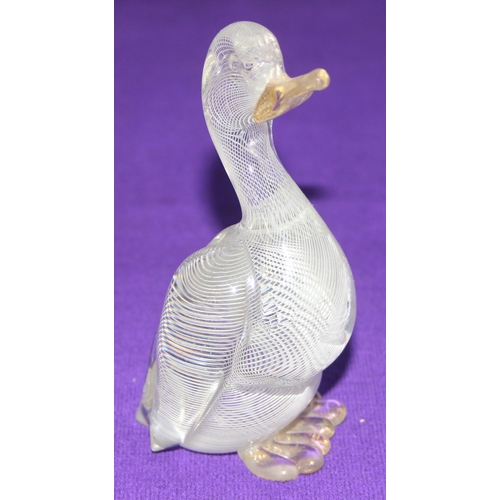 1638 - Murano/ Italian Glass, a retro glass sculpture of a bird with white pinstripe decoration, partial la... 