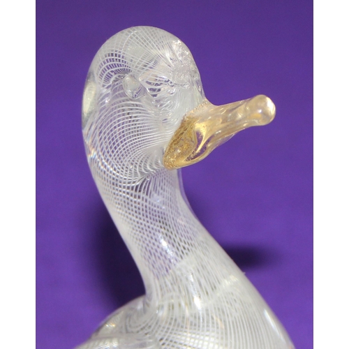 1638 - Murano/ Italian Glass, a retro glass sculpture of a bird with white pinstripe decoration, partial la... 