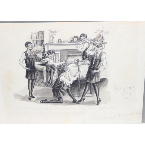 402 - A charming early 20th century pencil and monochrome watercolour illustration of schoolgirls in unifo... 