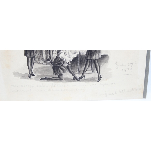 402 - A charming early 20th century pencil and monochrome watercolour illustration of schoolgirls in unifo... 