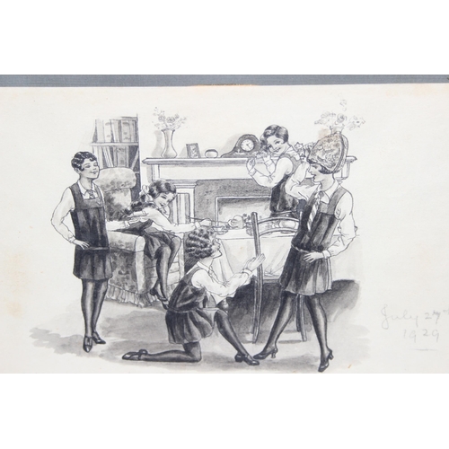 402 - A charming early 20th century pencil and monochrome watercolour illustration of schoolgirls in unifo... 