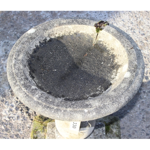 330 - 3 step reconstituted garden birdbath, approx. height 58cm