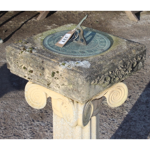 331 - Brass garden sundial mounted on Ionic column, approx 72cm tall