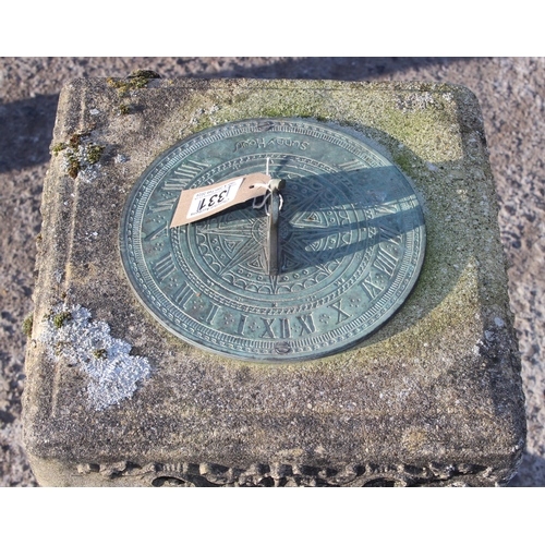 331 - Brass garden sundial mounted on Ionic column, approx 72cm tall