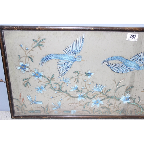 487 - Vintage hand painted Oriental silk panel depicting blue birds among foliage, approx. 97cm x 40cm