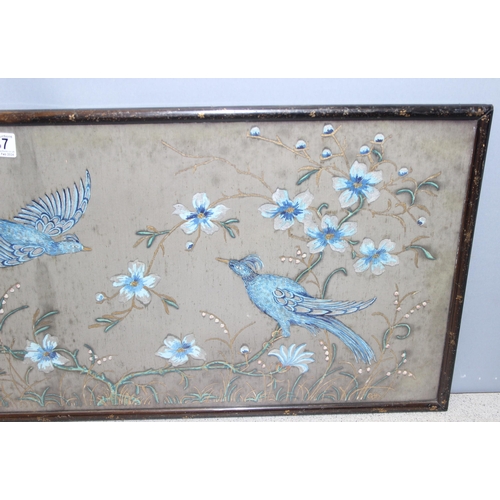487 - Vintage hand painted Oriental silk panel depicting blue birds among foliage, approx. 97cm x 40cm