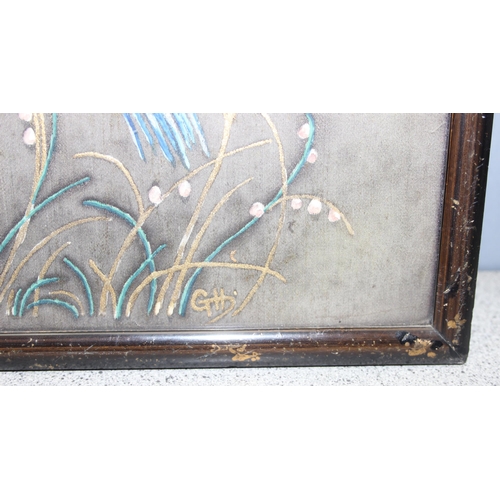 487 - Vintage hand painted Oriental silk panel depicting blue birds among foliage, approx. 97cm x 40cm