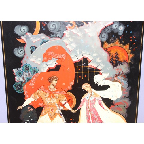 488 - Vintage Russian Palekh lacquered panel depicting a scene from Russian folklore, signed, titled and d... 