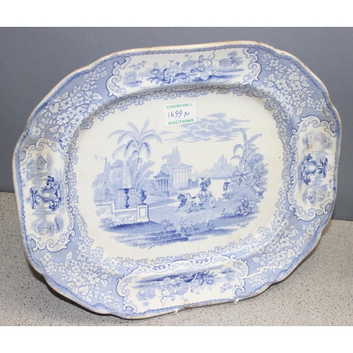 1699N - 2 large antique blue & white meat plates, Willow pattern approx 45cm x 37cm & another smaller exampl... 