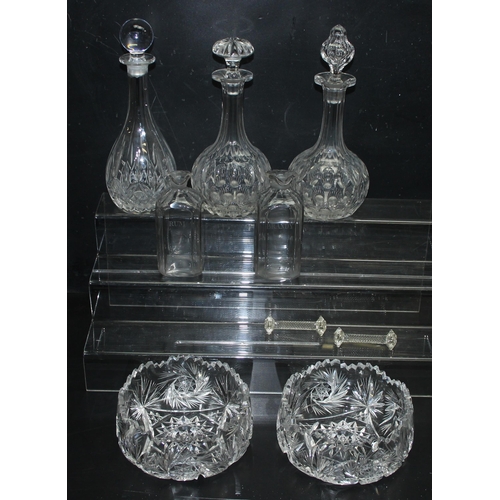 1699P - Qty of good quality antique glassware, 2 heavy cut glass bowls, 5 decanters to inc 2 engraved and 2 ... 