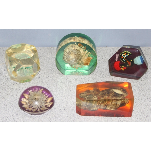 1699S - 5 assorted vintage Lucite paperweights to inc flowers and sea creatures