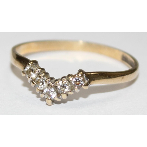 1172 - A 9ct gold wishbone ring set with white stones, approx size N, approx 1.03g gross