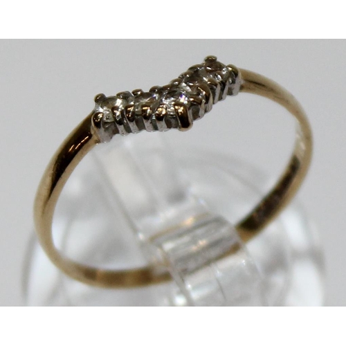 1172 - A 9ct gold wishbone ring set with white stones, approx size N, approx 1.03g gross