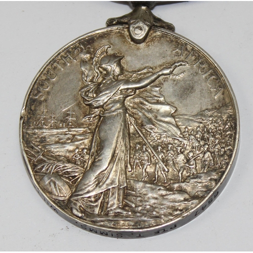 1470 - A Boer War QSA medal, awarded to 6547 Private T Simms of the Wiltshire Regiment, with ribbon