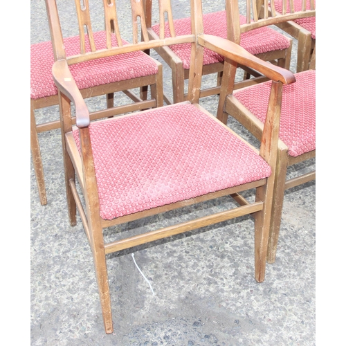 30 - A set of 6 retro dining chairs with red upholstered seats, 4 dining and 2 carver, seemingly unmarked