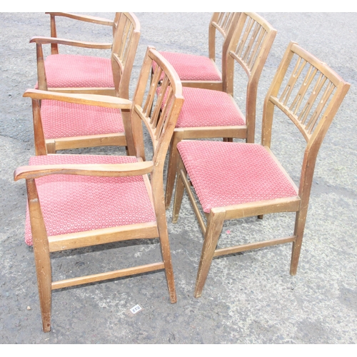 30 - A set of 6 retro dining chairs with red upholstered seats, 4 dining and 2 carver, seemingly unmarked