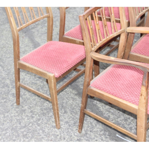 30 - A set of 6 retro dining chairs with red upholstered seats, 4 dining and 2 carver, seemingly unmarked